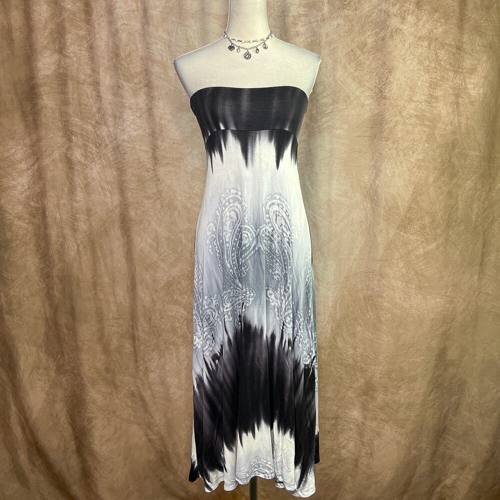 Y2K Strapless Maxi Dress Gray Black Ombre Paisley Tie Dye Empire Waist Boho Goth